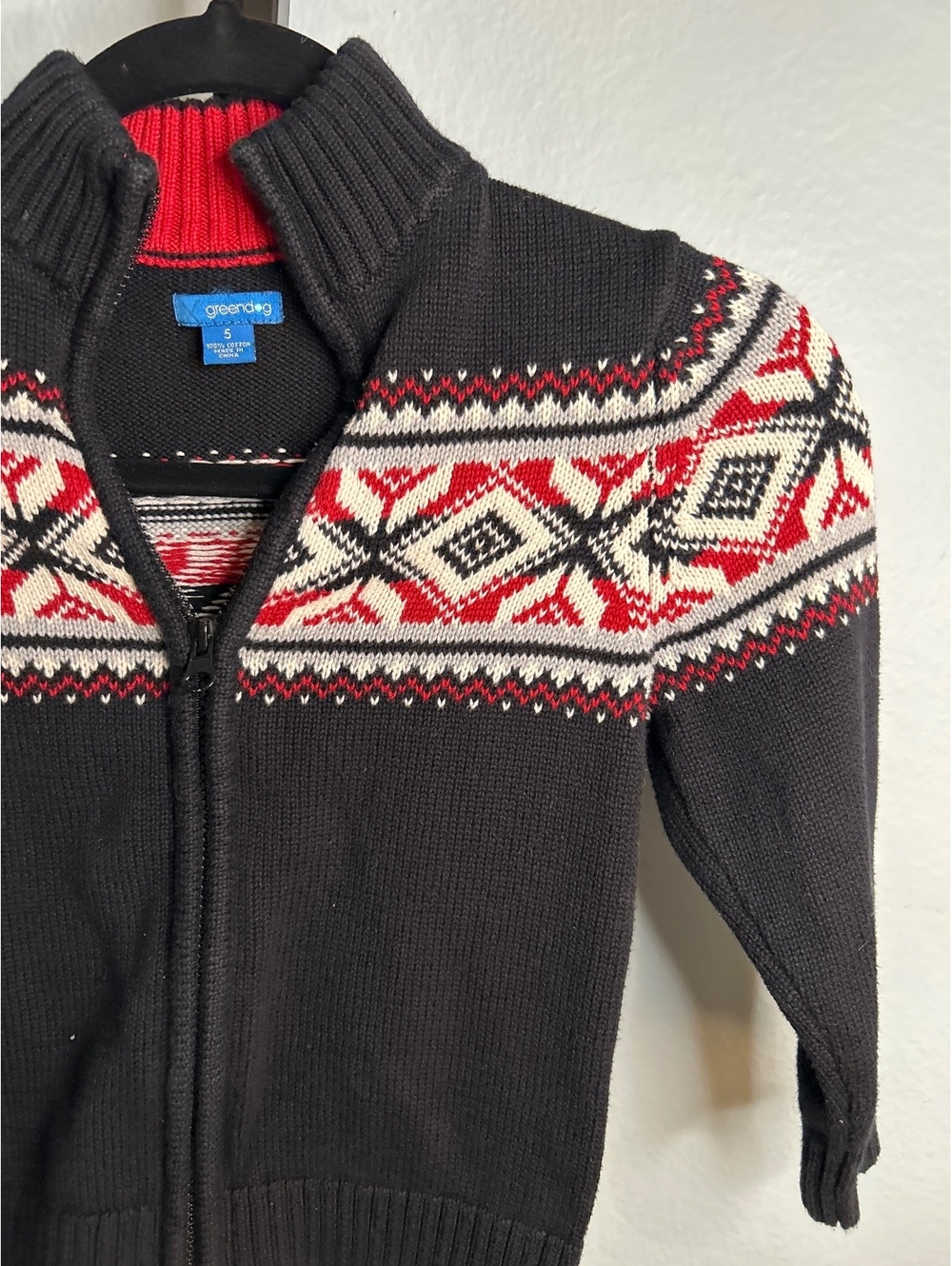 Greendog Boys' Size 5 Black Zip-Up Sweater with Red and White Pattern